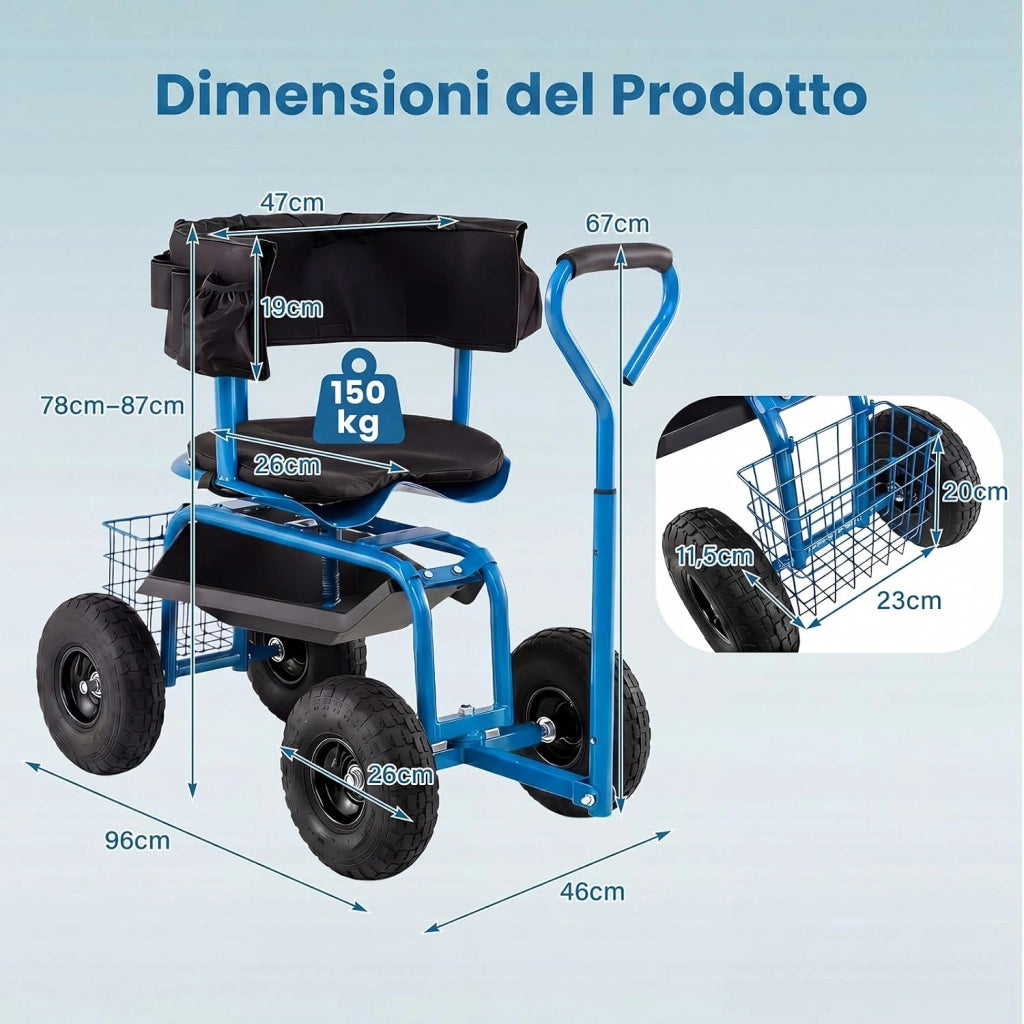 Carrello da Giardino, Sgabello con Ruote Girevole a 360°, Cuscino Imbottito, Schienale, Cestino, Tasca e Vassoio Porta Attrezzi, Carriola da Giardino e Cortile, 96 x 46 x 78-87 cm (Blu)