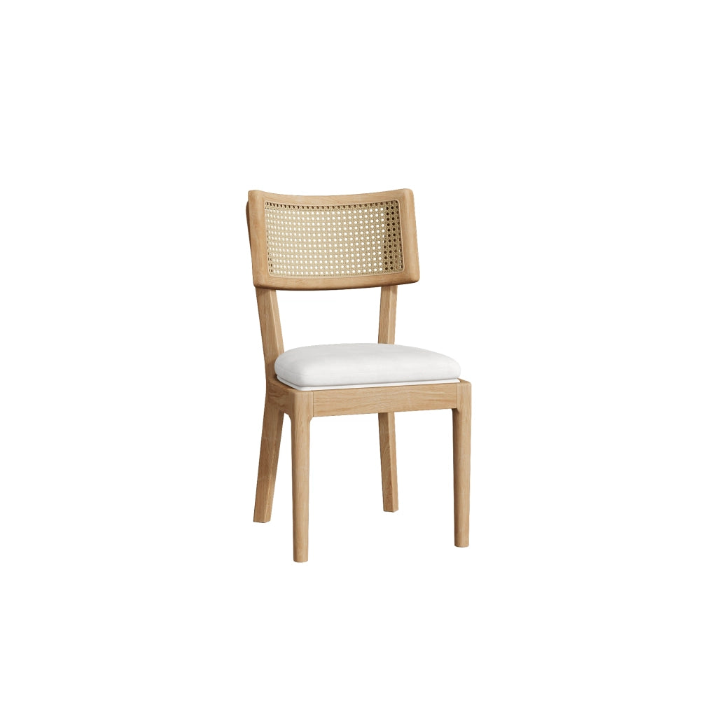 Set di 2 sedie da pranzo in legno massello con schienale in rattan e cuscino in lino, stile moderno, colore legno
