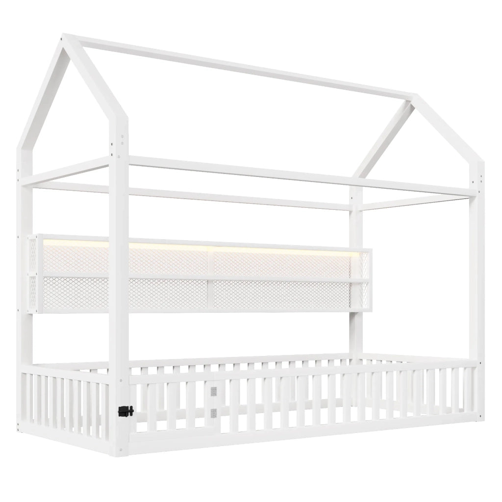 Letto a piattaforma forma di casa 90x200 cm con ringhiera e illuminazione LED, bianco