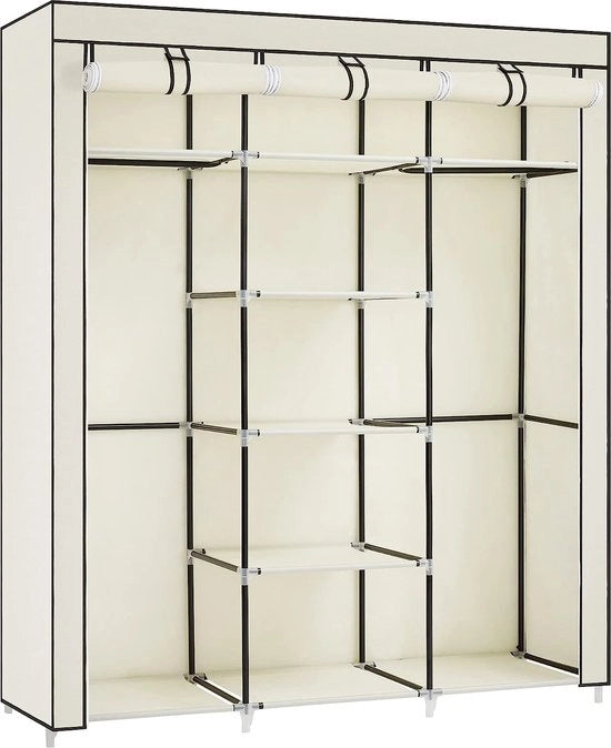 Cupboard con appendiabiti e scaffalatura in stoffa beige, dimensioni 175 x 150 x 45cm
