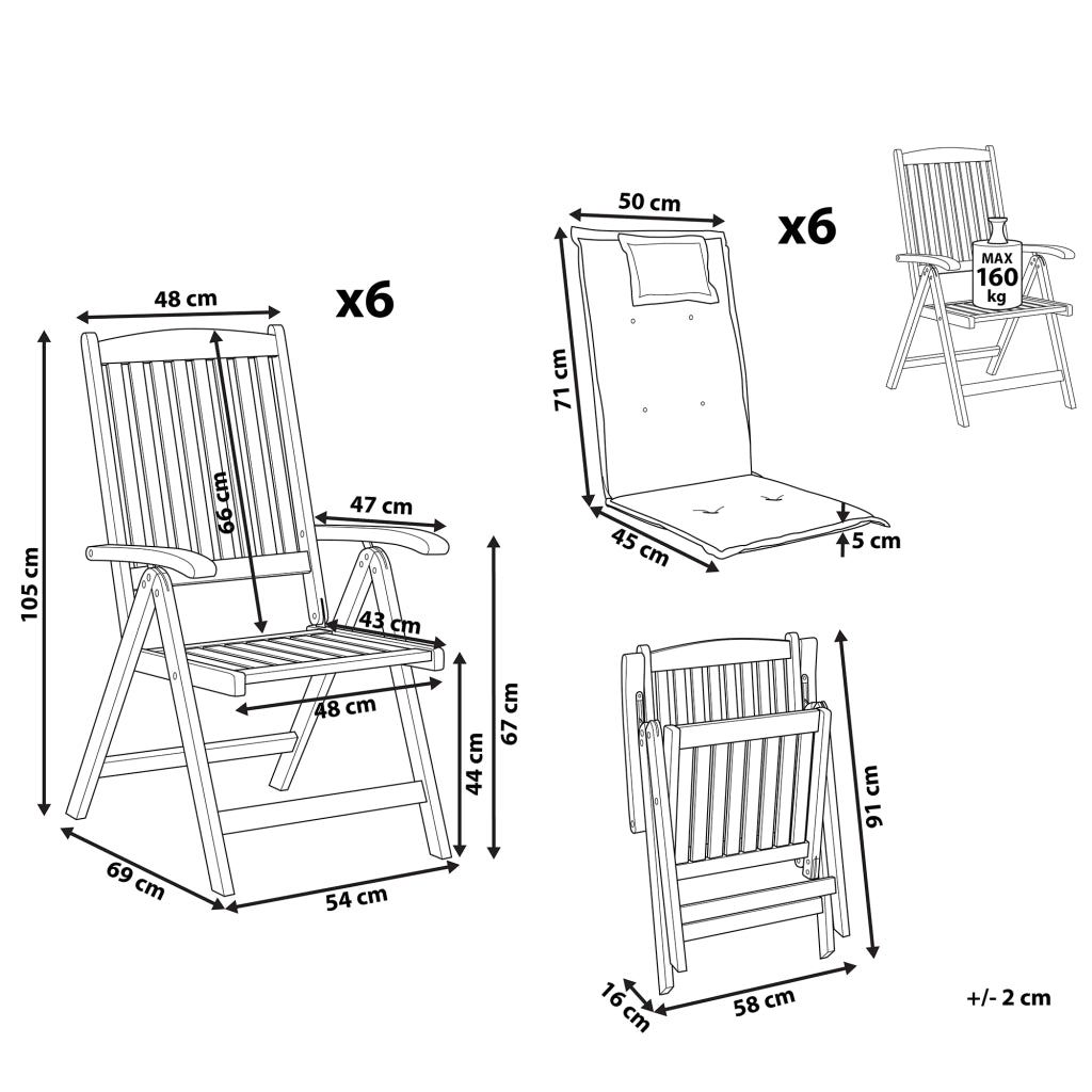 Set di 6 sedie da giardino in legno di acacia cuscino blu regolabile pieghevole per esterni in stile rustico country