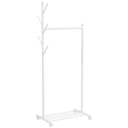 Stand Appendiabiti da Ingresso 68x43x171 cm Asta Ganci e Ripiano Inferiore con Ruote in Metallo Bianco