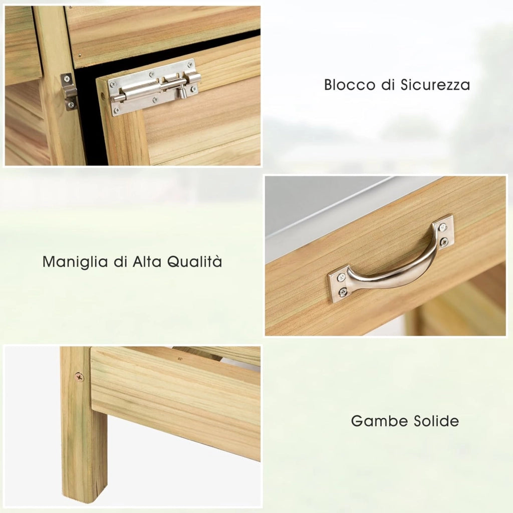 Tavolo Lavoro per Giardinaggio per Piante in Legno di Abete, Banco da Giardino con Cassetto, Armadietto, Mensola Aperta e 3 Ganci, Tavolo di Giardinaggio, 112 x 46 x 125 cm, Naturale