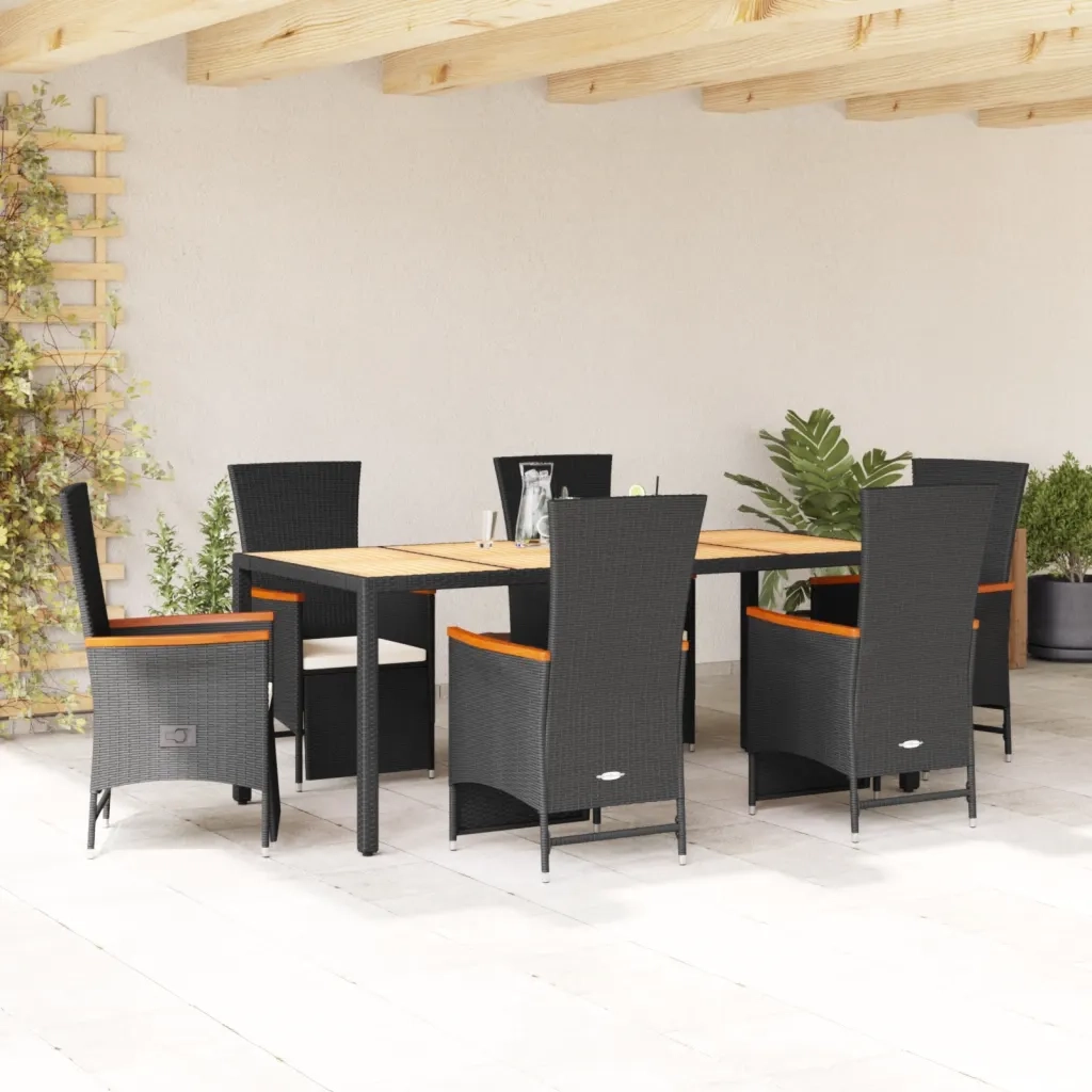 Set da Pranzo da Giardino 7 pz Nero con Cuscini in Polyrattan 3277517