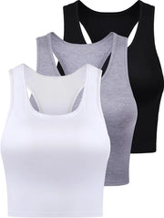 Top da donna in cotone basic a manica corta - Sport - Indossare tutti i giorni - Nero/ Bianco/Grigio - Set di 3
