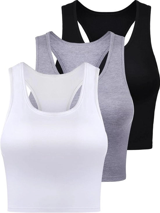 Top da donna in cotone basic a manica corta - Sport - Indossare tutti i giorni - Nero/ Bianco/Grigio - Set di 3
