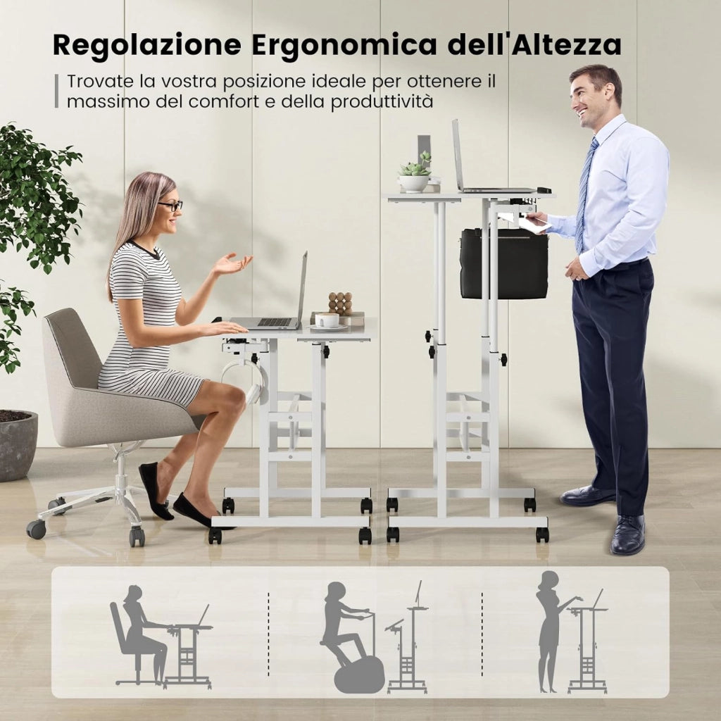 Scrivania per Computer Regolabile in Altezza, Scrivania Salvaspazio con Ruote e Ganci, Tavolo Porta PC per Studio e Ufficio, 60 x 60 x 72-124 cm (Bianco)