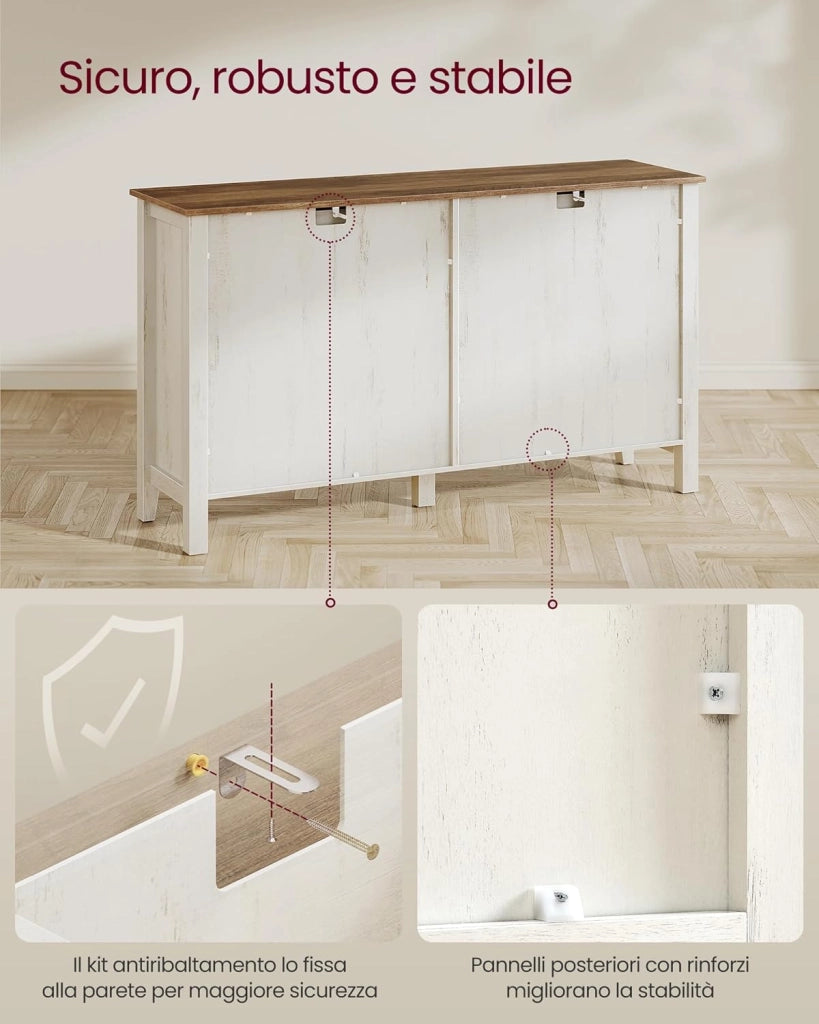 VASAGLE Credenza Cucina, Mobiletto con Cassetti, Mobile con Ante e Ripiani Regolabili in Altezza, Stile Farmhouse, per Soggiorno Sala da Pranzo, 40 x 140 x 80 cm, Bianco Rustico e Noce Medio BBK381W02