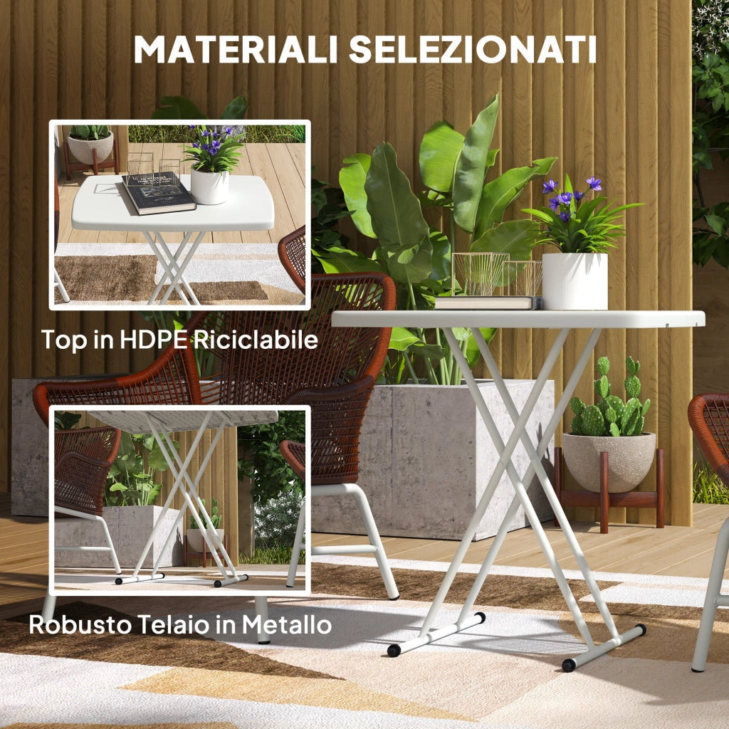 Tavolino da Giardino Pieghevole 76x50x74 cm con Altezza Regolabile in Metallo e HDPE Bianco