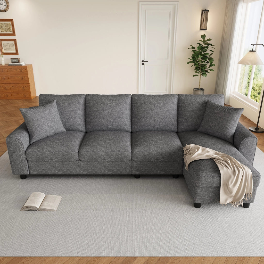 Divano angolare a L a 4 posti con chaise longue contenitore e schienale ribaltabile in chenille grigio 280 × 136 × 82 cm