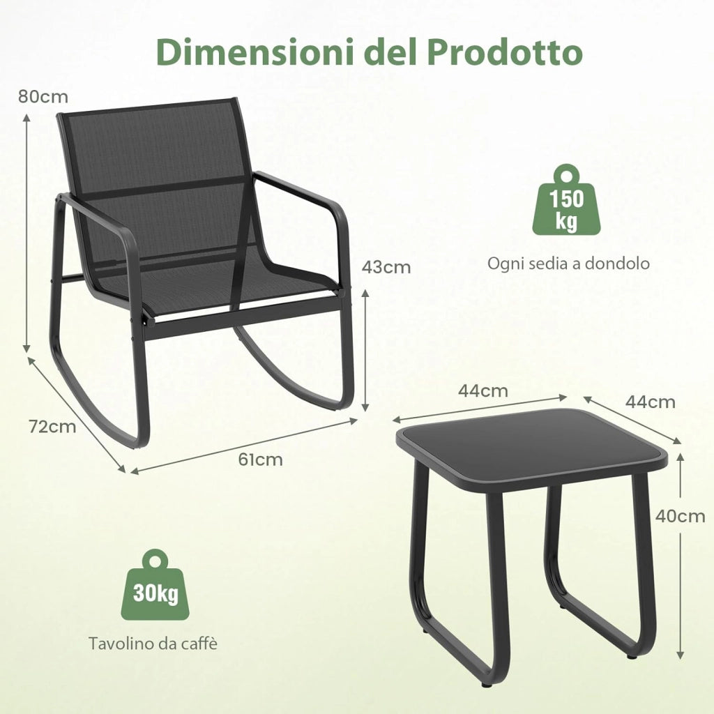 Set Bistrò 3 Pezzi, Sedie a Dondolo Ergonomiche in Textilene, Tavolino in Vetro Temperato, Struttura in Metallo, per Balcone, Giardino e Terrazzo (Nero)