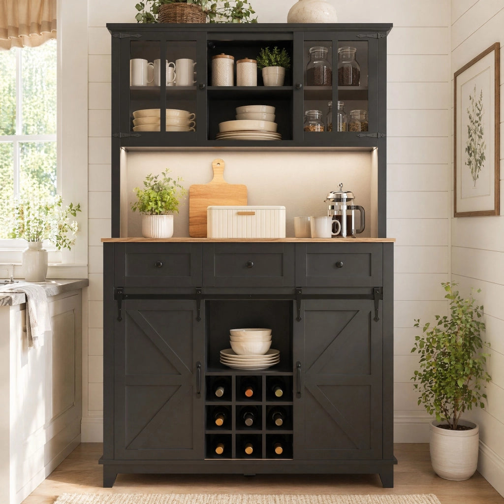 Credenza alta con LED, ante in vetro e ripiani regolabili, nera, 105×38,4×180 cm