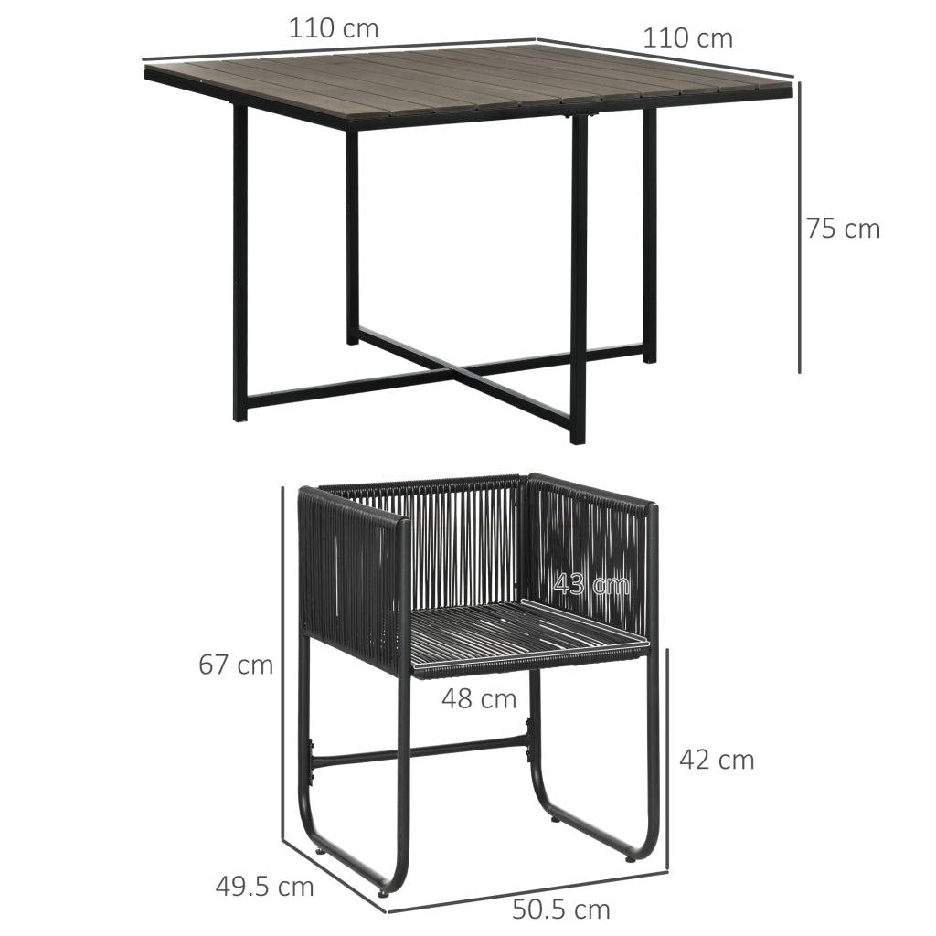 Set da giardino 5 pezzi in polyrattan grigio con tavolo quadrato e sedie imbottite
