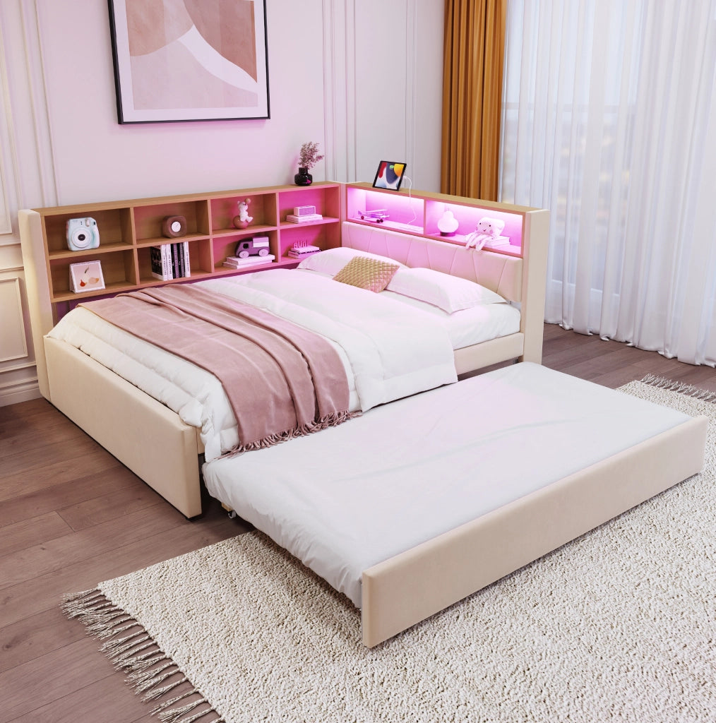 Divano letto multifunzionale 140x200 cm con letto estraibile 90x190 cm; LED e prese; beige