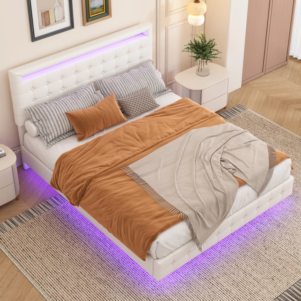 Letto Matrimoniale con LED Regolabile e Testiera Regolabile 140×200 cm; senza Materasso; PU; Bianco