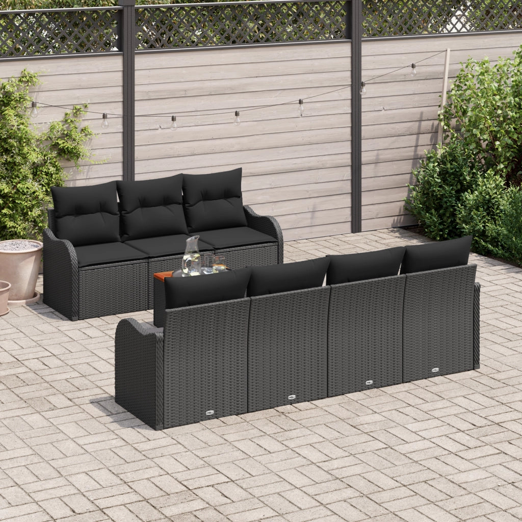Set di 8 Pezzi di Divano da Giardino con Cuscini Rattan Nero Polyrattan Acacia