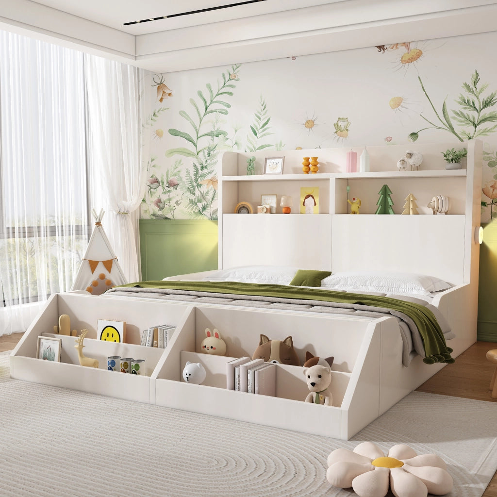 LETTO 140x200 cm Bianco in legno con libreria e luci notturne