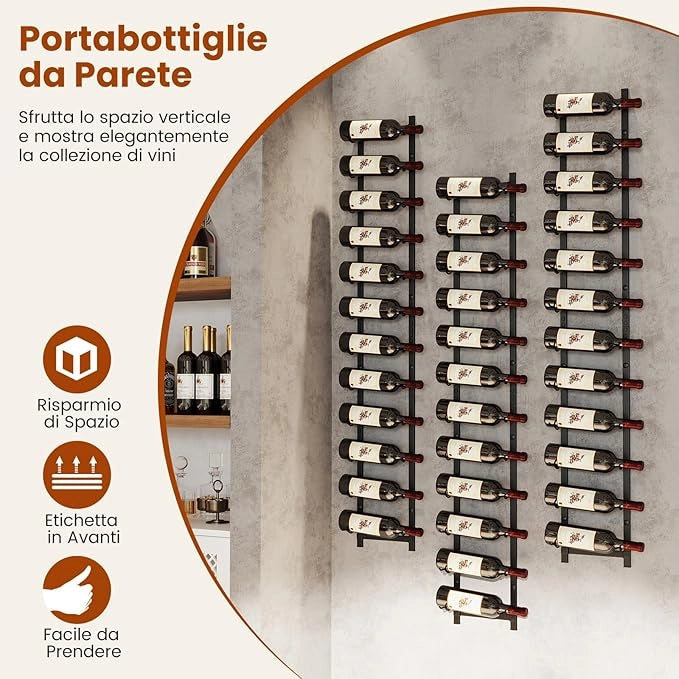 Portabottiglie Vino da Parete, Cantinetta Vino da Parete per 6/9 / 12 Bottiglie, Porta Bottiglie di Vino da Parete in Metallo per Cucina, Sala da Pranzo, Cantina, 22 x 13,5 x 145 cm, Black