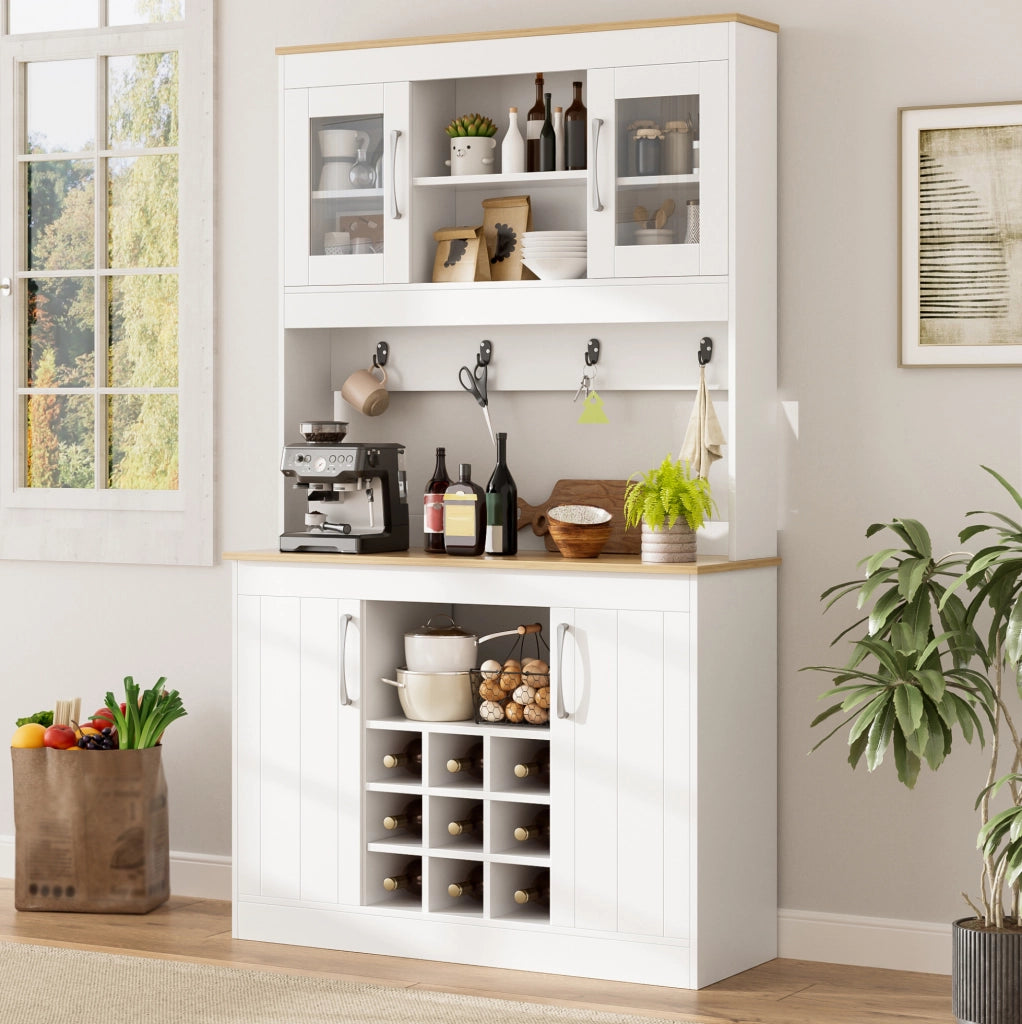 Credenza cucina 106x39x175 cm bianco e legno con vetrine