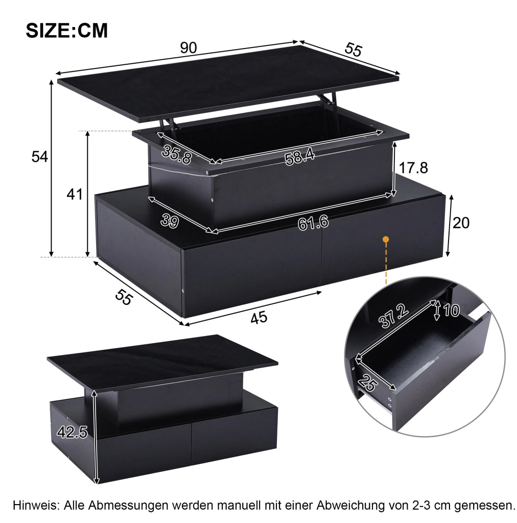 Tavolino da caffè moderno con LED; 4 cassetti e piano estraibile 90 x 55 x 41 cm; nero lucido