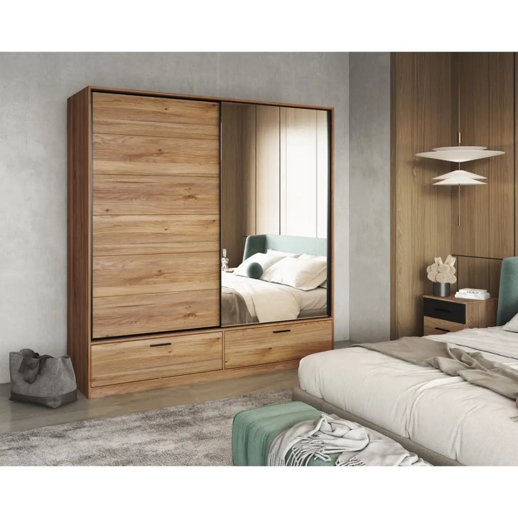 Armadio EOS a 2 porte scorrevoli con specchio in rovere chiaro 180 cm