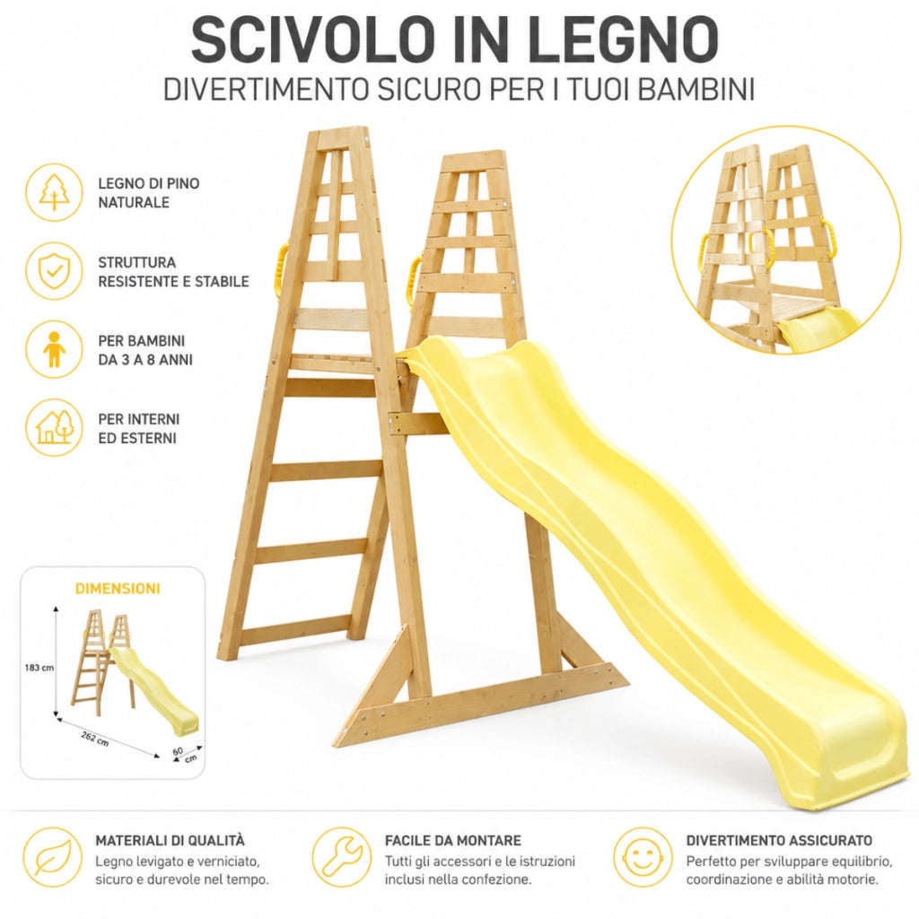 Scivolo per bambini da esterno, SCIVOLO da Giardino in Plastica per Bambini con Solida Struttura in Legno 4 Gradini. Dim