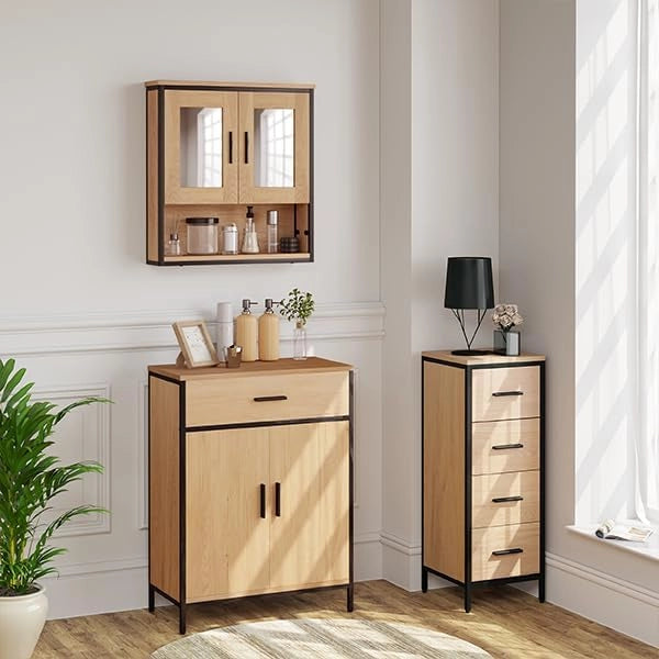 Mobiletto per Bagno Salvaspazio, Pensile da Bagno Sospeso con Mensola e Specchio, Ripiano Regolabile, 2 Ante con Maniglia, Rovere Chiaro+Nero