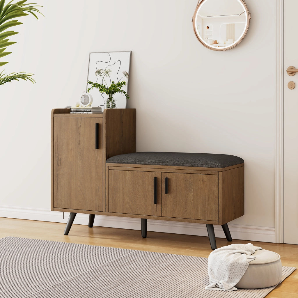 Scarpiera con seduta imbottita e ripiani regolabili, in truciolare e metallo, per ingresso, naturale, 100 × 34 × 68,5 cm