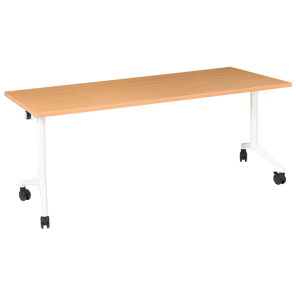 Scrivania rettangolare pieghevole con rotelle portatile con struttura in metallo marrone e bianco 180 x 60 cm stile moderno