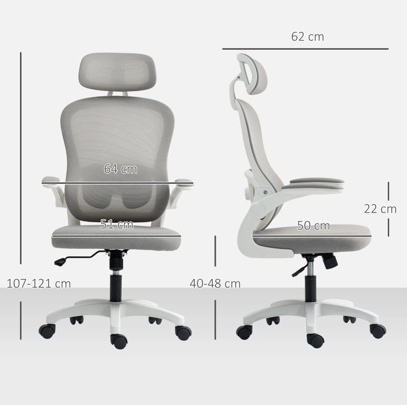 Poltrona da ufficio ergonomica grigia con schienale in rete e braccioli ribaltabili
