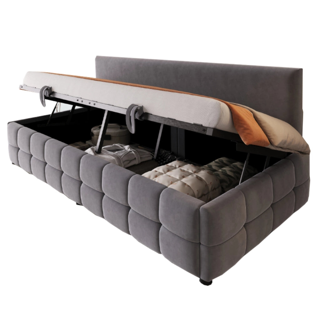 Letto imbottito singolo 90x200 cm con contenitore idraulico; velluto grigio