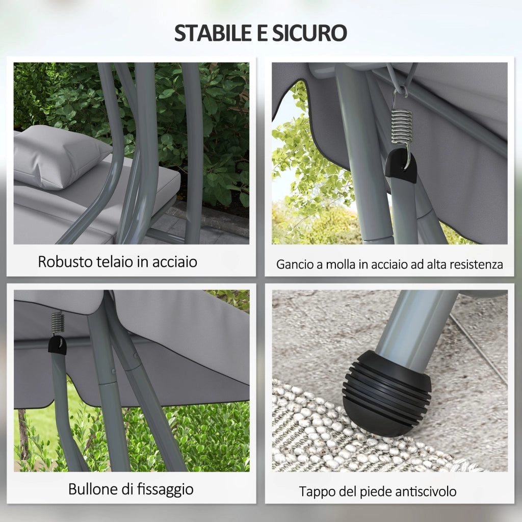 Dondolo Letto da Giardino 200x120x164 cm in Acciaio e Poliestere Grigio