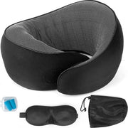 Cuscino di schiuma leggero con cinturino di fissaggio per viaggi - ideale per aereo, auto, treno - compreso maschera da sonno, auricolari e sacchetto di plastica