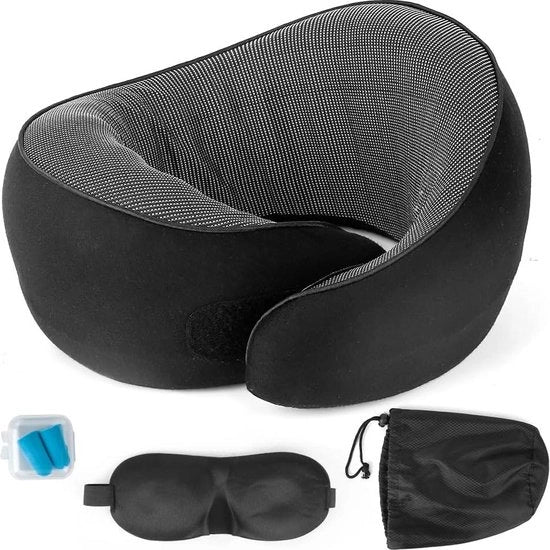 Cuscino di schiuma leggero con cinturino di fissaggio per viaggi - ideale per aereo, auto, treno - compreso maschera da sonno, auricolari e sacchetto di plastica