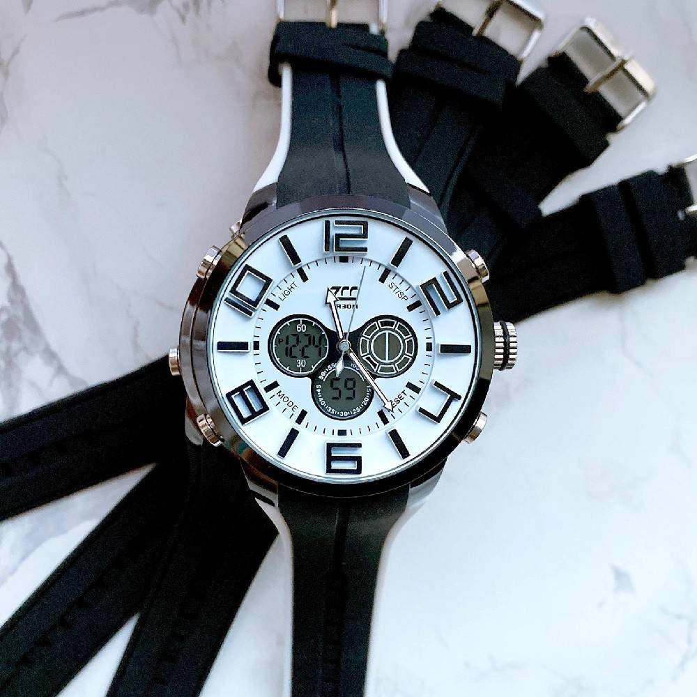 Trade Shop - Orologio Polso Zcc Uomo Dual Time Analogico Digitale Sport Sveglia Bianco Nero -