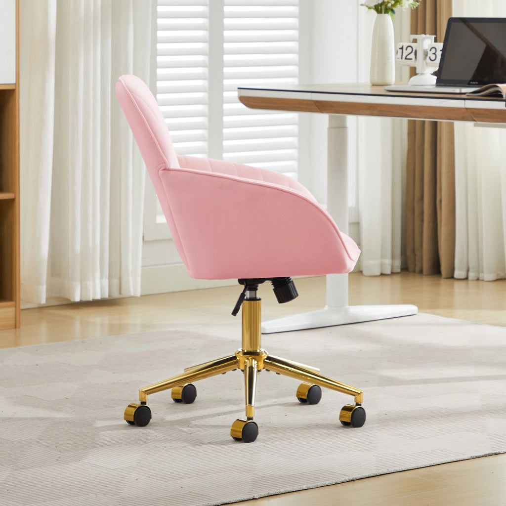 Sedia da ufficio girevole con altezza regolabile, schienale ergonomico e ruote a 360° per casa e studio, in velluto rosa