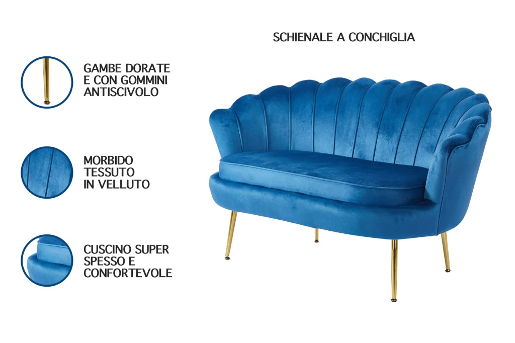 Divano Due 2 Posti In Velluto Forma Conchiglia Gambe In Metallo 133x63x75 Cm Camera Soggiorno Ufficio  Blu