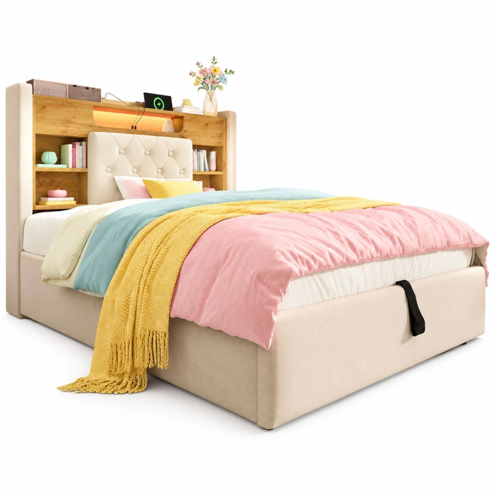 Letto Contenitore 90 x 200 cm; USB; Type-C; LED e Mensole - in Lino - Beige