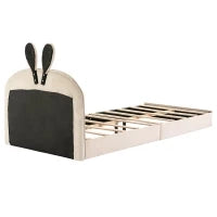 Letto imbottito con testiera a forma di coniglio, letto per bambini con doghe in legno, senza materasso, 90×200 cm, Beige