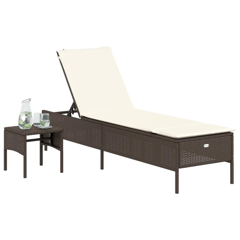 Lettino Prendisole | Sdraio da giardino | Lettino da sole con Tavolo e Cuscino Marrone in Polyrattan
