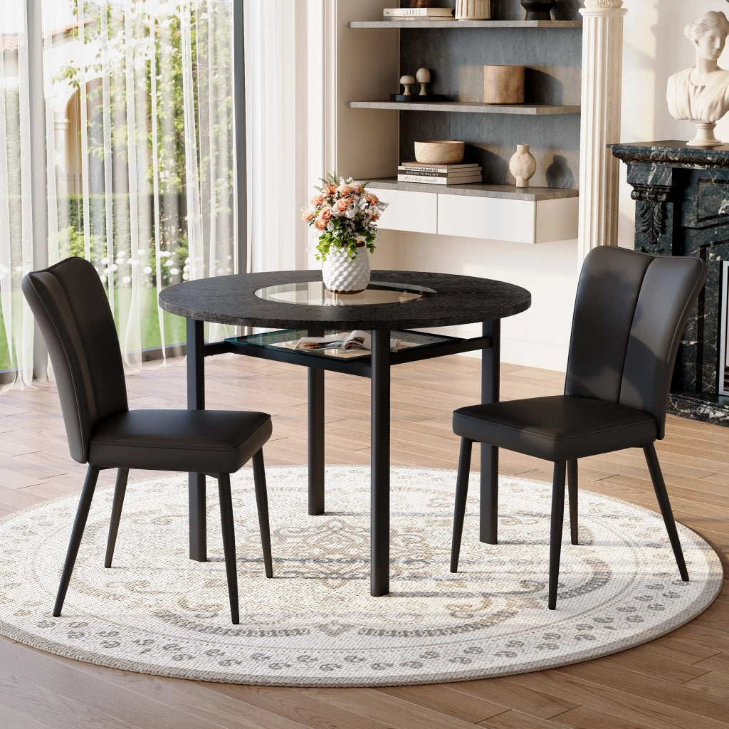 Tavolo da pranzo rotondo con 2 sedie, piano in MDF e vetro, stile minimalista, per soggiorno, nero, diametro 100 cm
