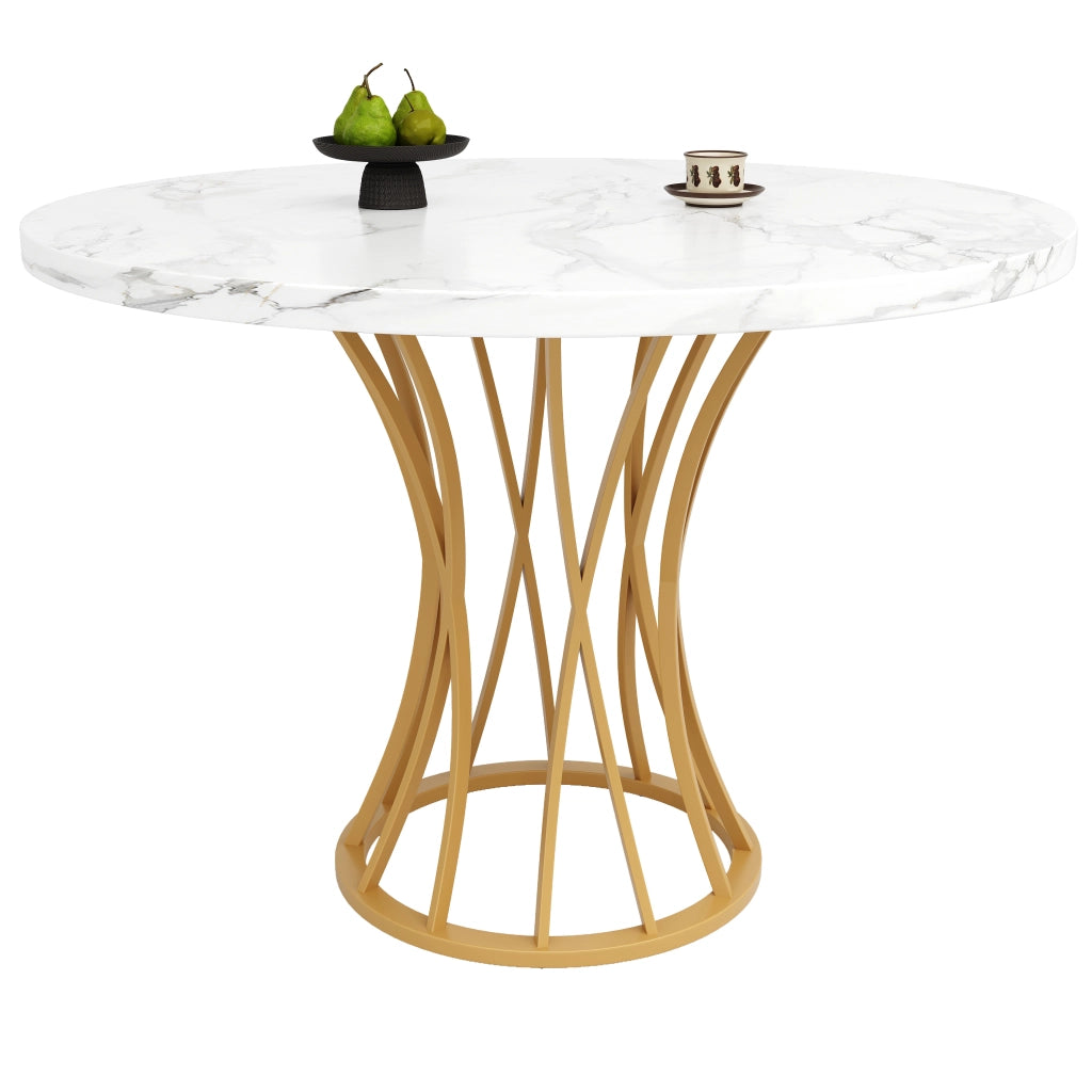 Tavolo da pranzo rotondo con piano in MDF effetto marmo e gambe in metallo, con piedini regolabili, 80 × 80 × 76 cm