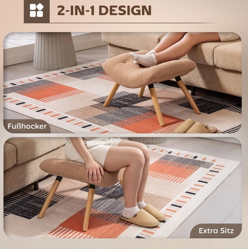 Pouf imbottito marrone con gambe in legno