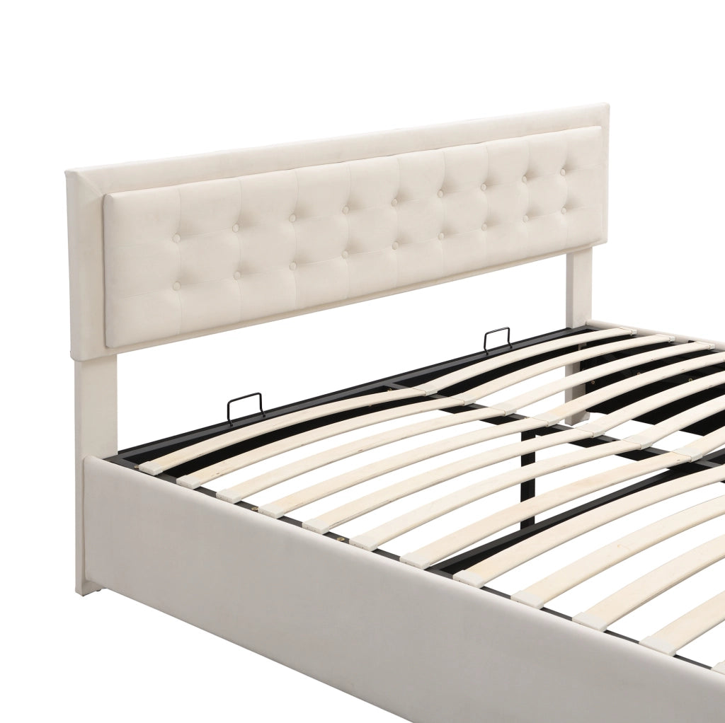 Letto contenitore 180x200 cm con testiera regolabile; in velluto beige