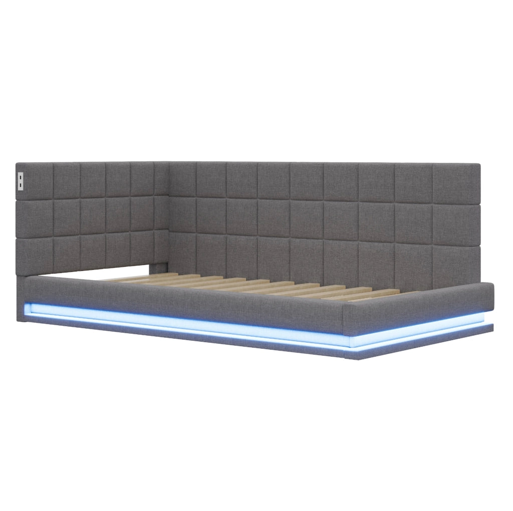 Divano letto imbottito 90x200 con LED, USB e rete a doghe