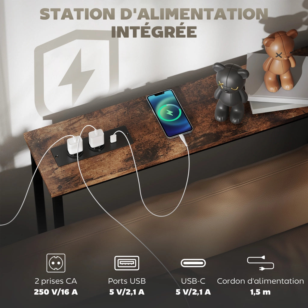 Consolle ingresso stretto stile industriale con prese elettriche e USB ¨C Xylo ¨C 160x20x80cm marrone