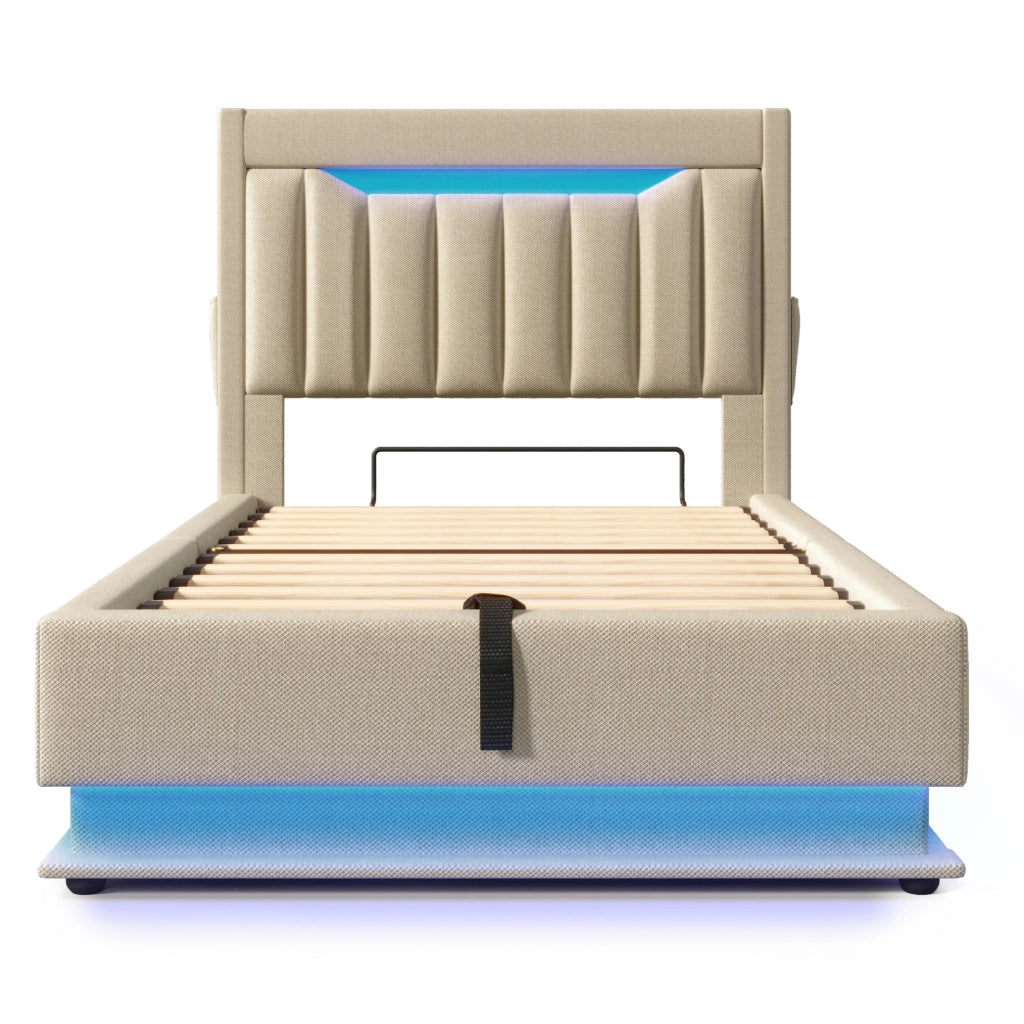 Letto singolo 90x200 cm in lino beige con LED; testiera con ricarica USB e Type-C; contenitore