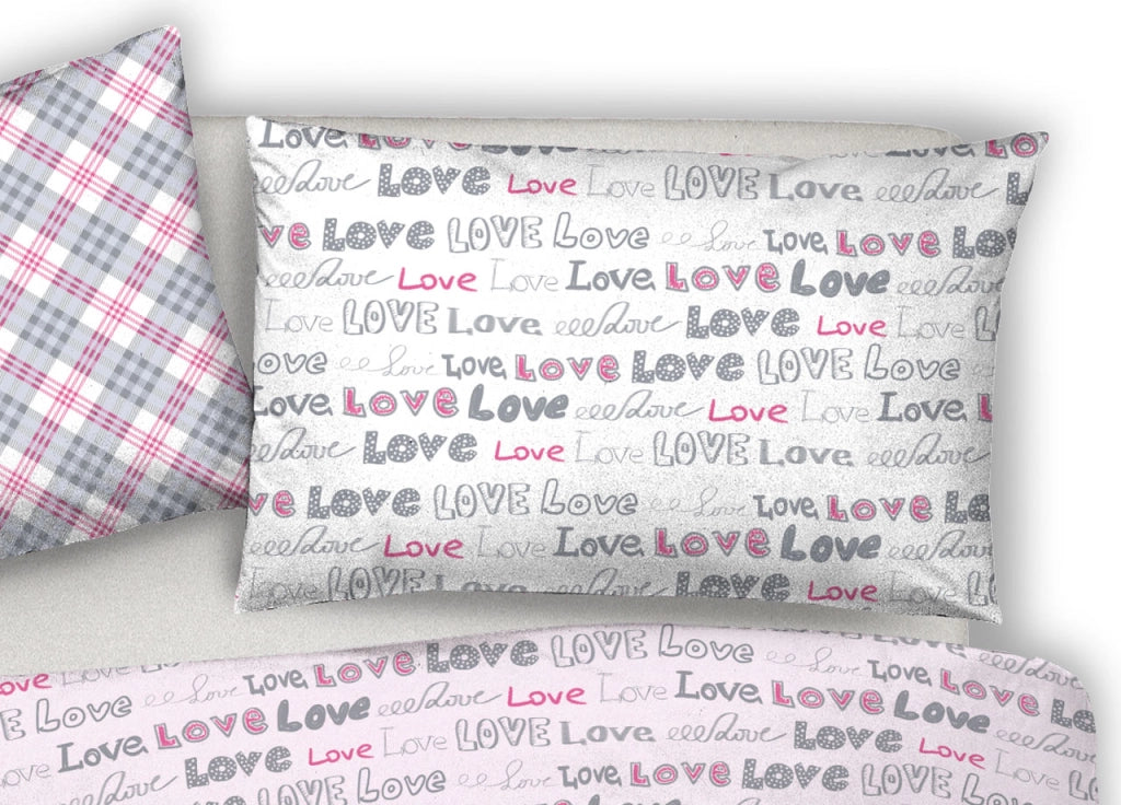 Copripiumino Sacco Piumone Pensieri Delicati 100% Cotone Disegno Love Love - Singolo - Rosa