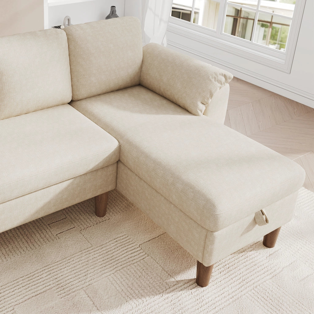 Divano angolare a L modulare con chaise longue reversibile, porta USB e Type-C, tasche laterali in chenille beige