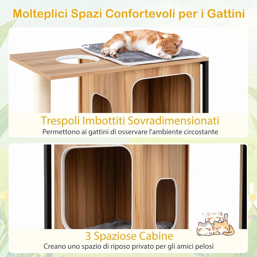 Tiragraffi per Gatti con Struttura in Metallo 75 x 45 x 133cm, Torre Moderno da Interno con Piattaforma Superiore Imbottita, Cuscini Rimovibili e Tiragraffi, Mobile per Animali Domestici